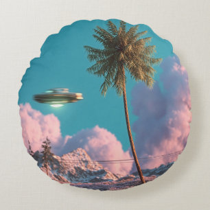 Almofada Redonda Cena de montanha surrealista com OVNI e palmeira