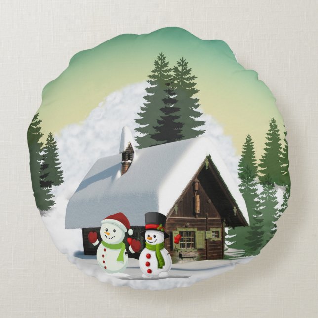 Almofada Redonda Cena do Boneco de Neve de Natal (Verso)