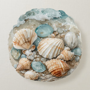 Almofada Redonda Cena em aquarela de conchas marinhas costeiras e m