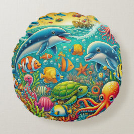 Almofada Redonda Cena Submarina Colorida com Vida Marinha