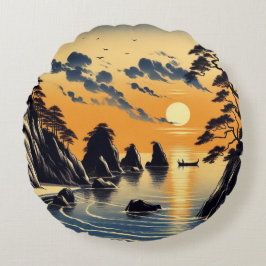Almofada Redonda Cena Sunset Beach Costal de Tinta Japonesa