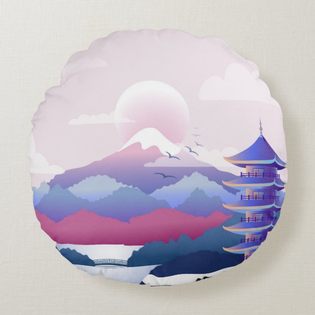 Almofada Redonda Cenário de Templo Pacífico no amanhecer (Frente)