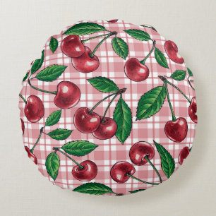 Almofada Redonda Cerejas vermelhas em gingham rosa