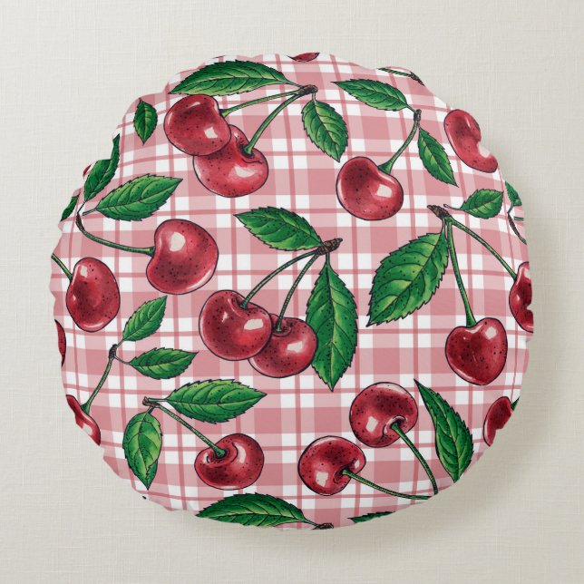 Almofada Redonda Cerejas vermelhas em gingham rosa (Frente)