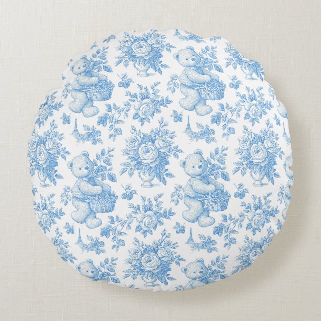 Almofada Redonda Chá de Bebê Urso Floral Toile Francês (Frente)