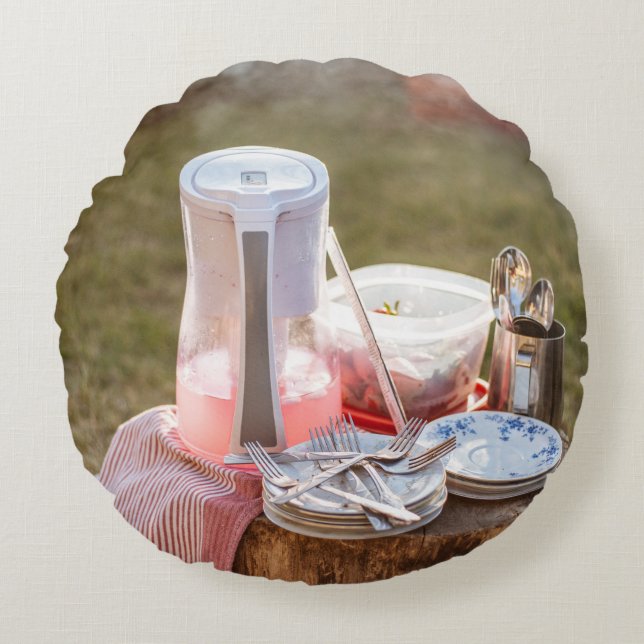 Almofada Redonda Chapas florais, prateadas e azuis, de cerâmica (Frente)