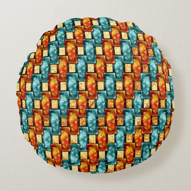 Almofada Redonda Chapas retangulares esculpidas e manchadas, ciano  (Frente)