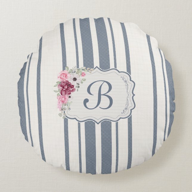 Almofada Redonda Charm French Farmhouse Blue and White Striped (Frente)