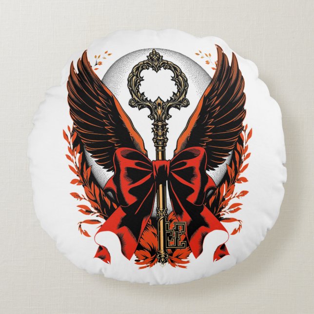 Almofada Redonda Chave do Arco Gótico Velvet com Asas e Lua (Frente)