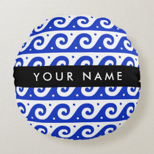 Almofada Redonda Chave Grega Meander, Chave Wave, Azul, Seu Nome