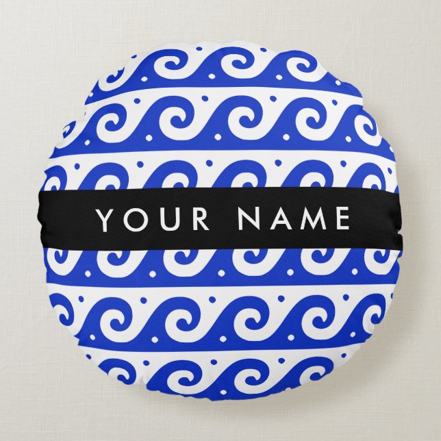 Almofada Redonda Chave Grega Meander, Chave Wave, Azul, Seu Nome (Frente)