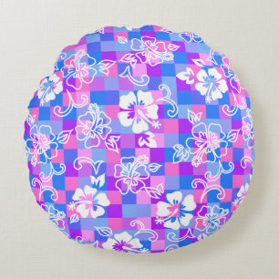 Almofada Redonda Checkerboard Hibiscus Hawaiian Floral