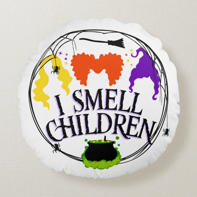 Almofada Redonda Cheira a criança com três bruxas (Frente)