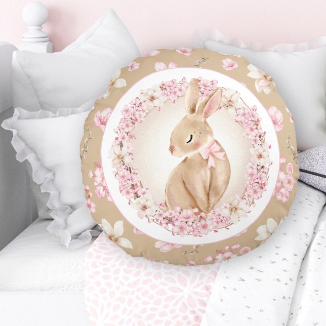 Almofada Redonda Cherry Blossom Cute Bunny Pink Beige Nursery (Cherry Blossom Cute Bunny Pink Beige Nursery Round Pillow)