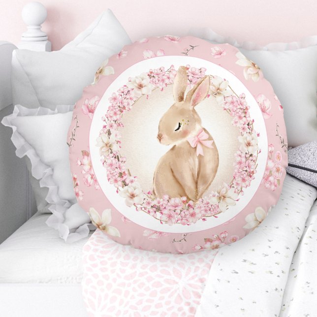 Almofada Redonda Cherry Blossom Cute Bunny Pink Nursery (Cherry Blossom Cute Bunny Pink Nursery Round Pillow)