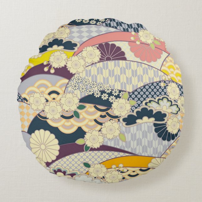 Almofada Redonda Cherry Blossom Japonês Floral Red White (Frente)