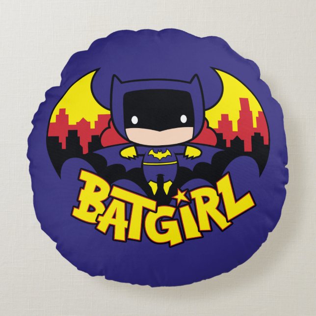 Almofada Redonda Chibi Batgirl Com Skyline & Logo Gotham (Frente)