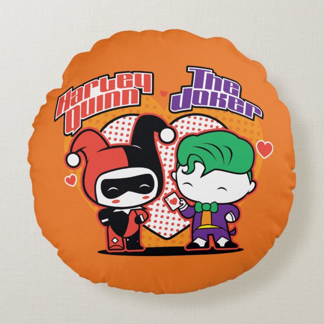 Almofada Redonda Chibi Harley Quinn & Chibi Joker Hearts (Frente)
