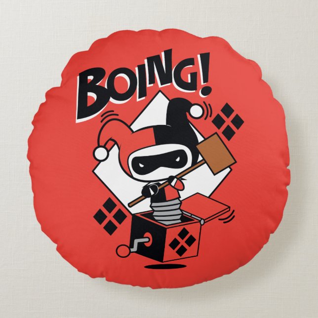 Almofada Redonda Chibi Harley-Quinn-In-A-Box Com Martelo (Frente)