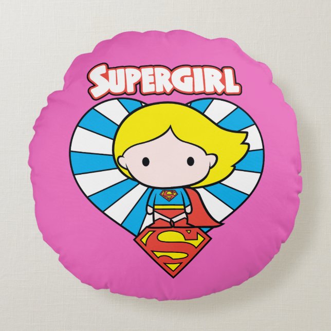 Almofada Redonda Chibi Supergirl Starburst Heart and Logo (Frente)
