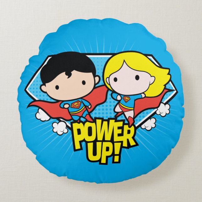 Almofada Redonda Chibi Superman e Chibi Supergirl Ligam! (Frente)
