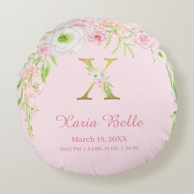 Almofada Redonda Chic Pink Gold Monogram "X" Baby Girl Stats (Frente)