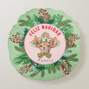 Almofada Redonda Chihuahua Feliz Navidad Feliz Hollidays estava sob
