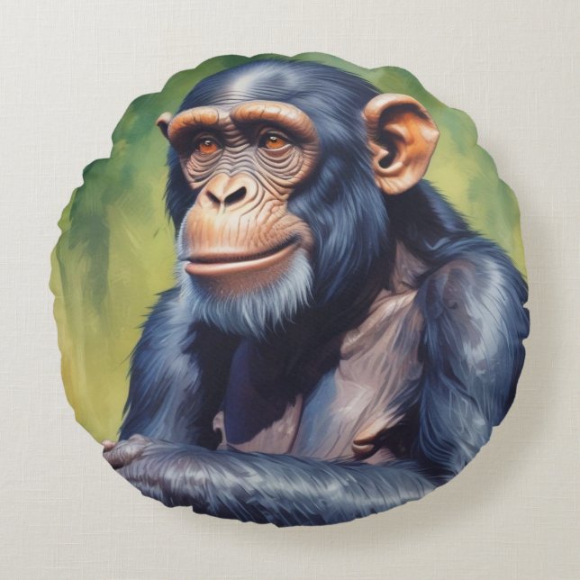 Almofada Redonda Chimpanzé Engraçado e Louco (Frente)
