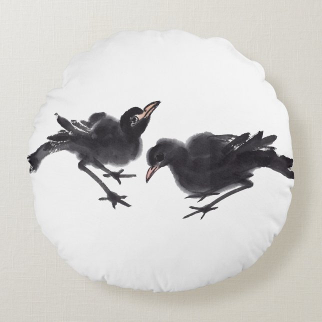 Almofada Redonda Chinesische Tuschekunst mit Vogelmotiv (Frente)