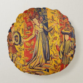 Almofada Redonda Chinoiserie amarela azul-vermelha medieval italian