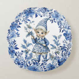 Almofada Redonda Chinoiserie Blue Floral Christmas Elf