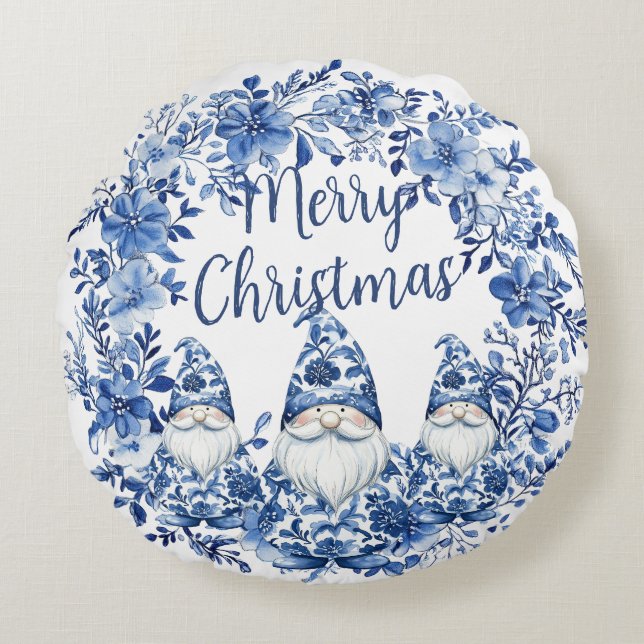 Almofada Redonda Chinoiserie Blue Floral Natal Gnomos (Frente)
