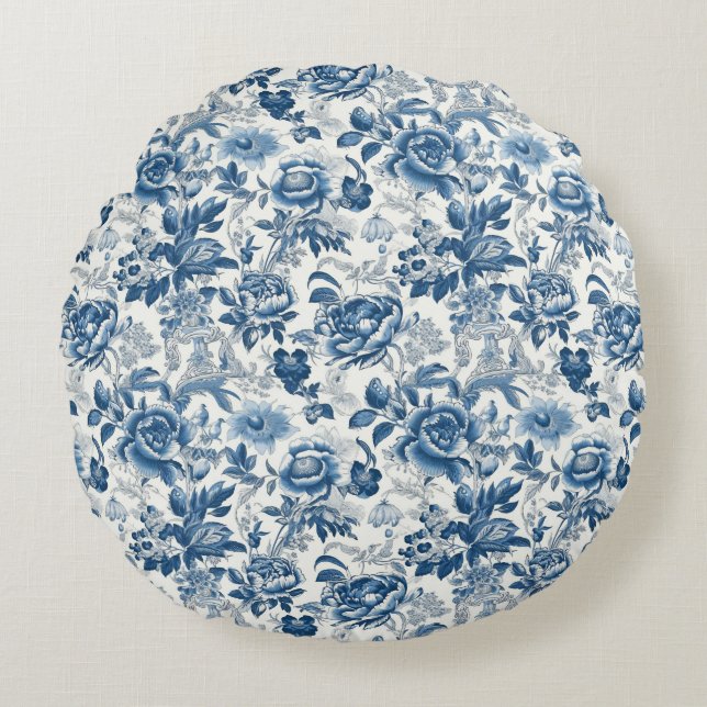 Almofada Redonda Chinoiserie Blue Peonies Floral Home Decor (Frente)
