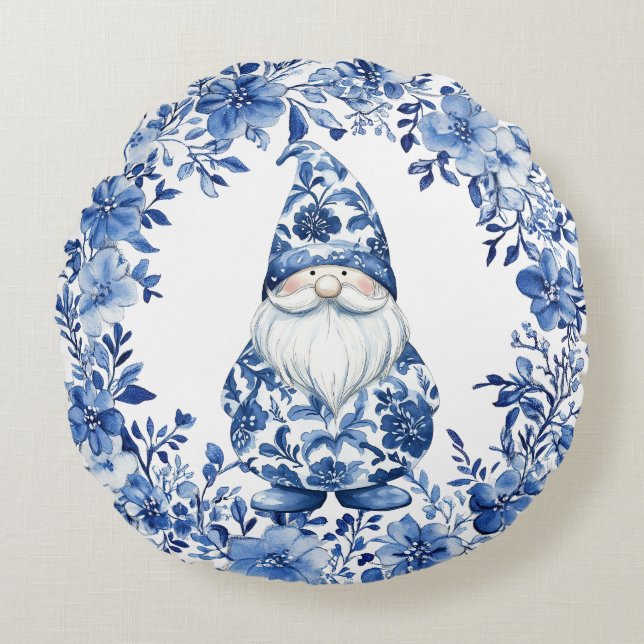 Almofada Redonda Chinoiserie Blue White Floral Natal Gnomo (Frente)