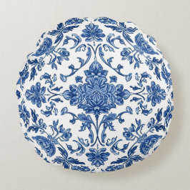Almofada Redonda Chinoiserie Floral Azul Aguarela Branca