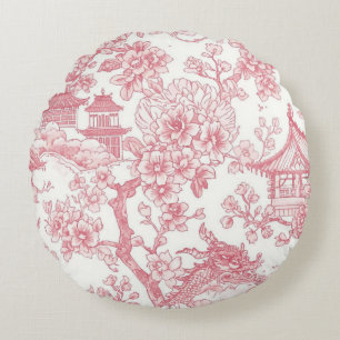 Almofada Redonda Chinoiserie Toile Rosa Dragão Flor de Cerejeira