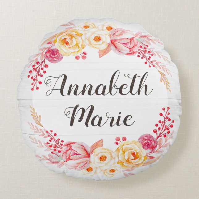 Almofada Redonda Chique Rustic Floral Baby Name Decor (Frente)