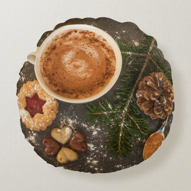 Almofada Redonda Chocolate Quente de Natal (Frente)