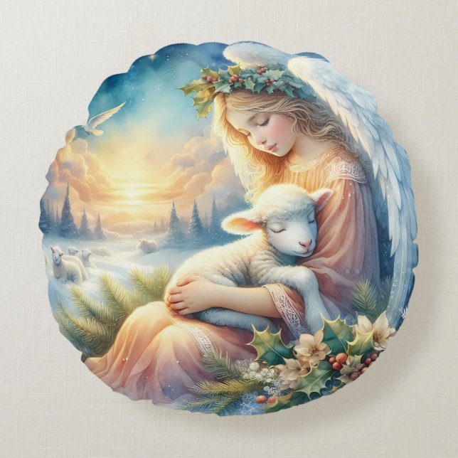 Almofada Redonda Christmas Angel with Lamb in Winter Peace (Frente)