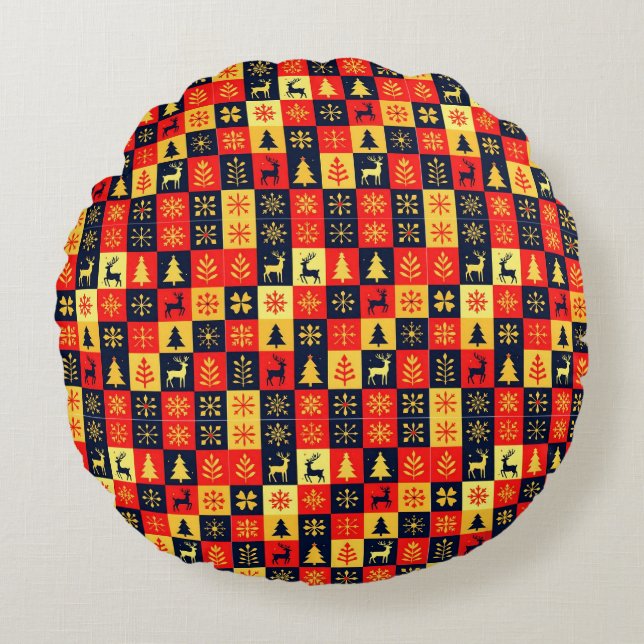 Almofada Redonda Christmas Checkerboard Pattern – Red & Yellow Tree (Frente)