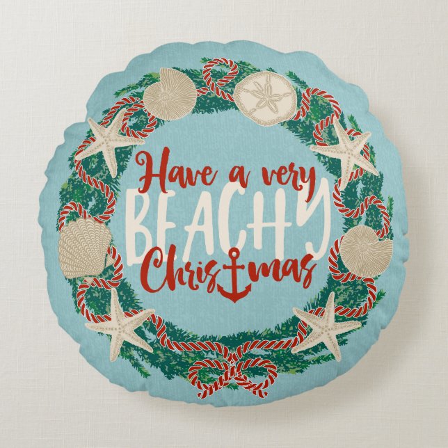 Almofada Redonda Christmas Coastal Tropical Sea Shell Wreath -Aqua (Frente)