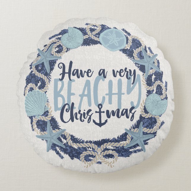 Almofada Redonda Christmas Coastal Tropical Sea Shell Wreath -Blue (Frente)