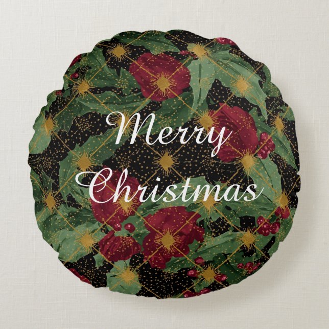 Almofada Redonda Christmas Flowers Pattern,Gold Red Green Black (Frente)