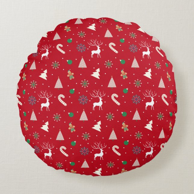Almofada Redonda Christmas Gift Wrap — Reindeer, Gingerbread (Frente)