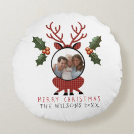 Almofada Redonda Christmas Plaid Reindeer with Personalized Photo