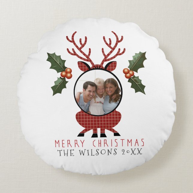 Almofada Redonda Christmas Plaid Reindeer with Personalized Photo (Frente)