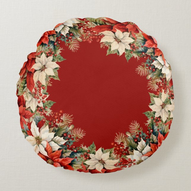 Almofada Redonda Christmas Poinsettias Wreath (Frente)