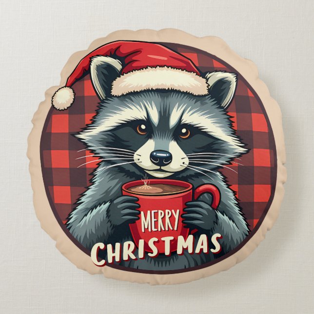 Almofada Redonda Christmas Raccoon Cocoa Cheer (Frente)