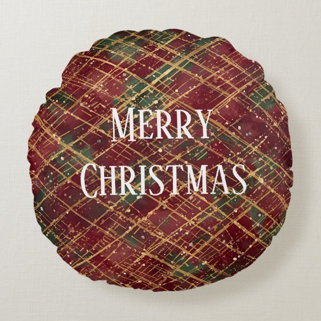 Almofada Redonda Christmas, Red Gold Green ,White Merry Christmas (Frente)