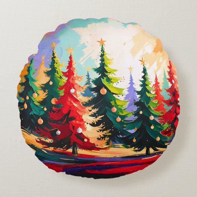 Almofada Redonda Christmas Trees painting Landscape   (Frente)